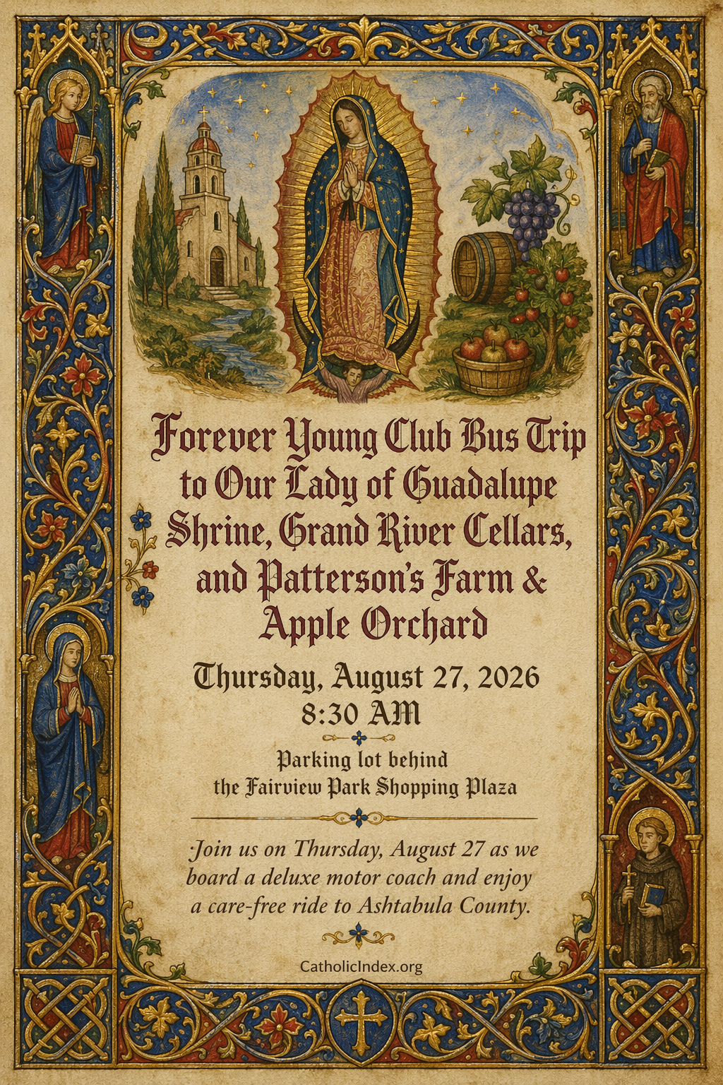 Forever Young Club Bus Trip to Our Lady of Guadalupe Shrine, Grand River Cellars, and Patterson's Farm & Apple Orchard